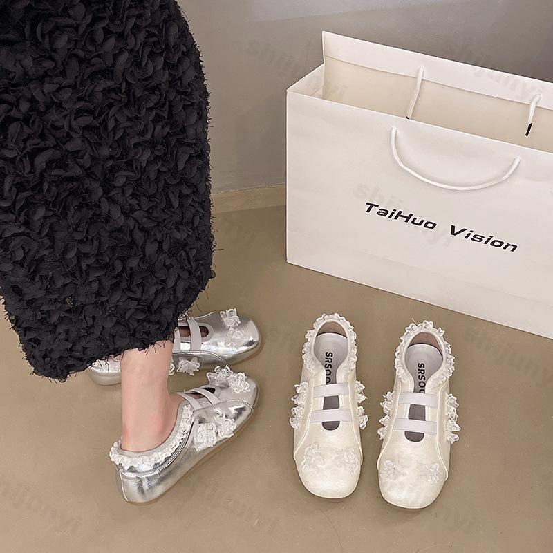 Damen Ballerinas Spitze Quadratische Spitze 2026 Sommer Herbst Kleid Weiches Leder Elegante Mary Jane Schuhe Outdoor Freizeitschuhe