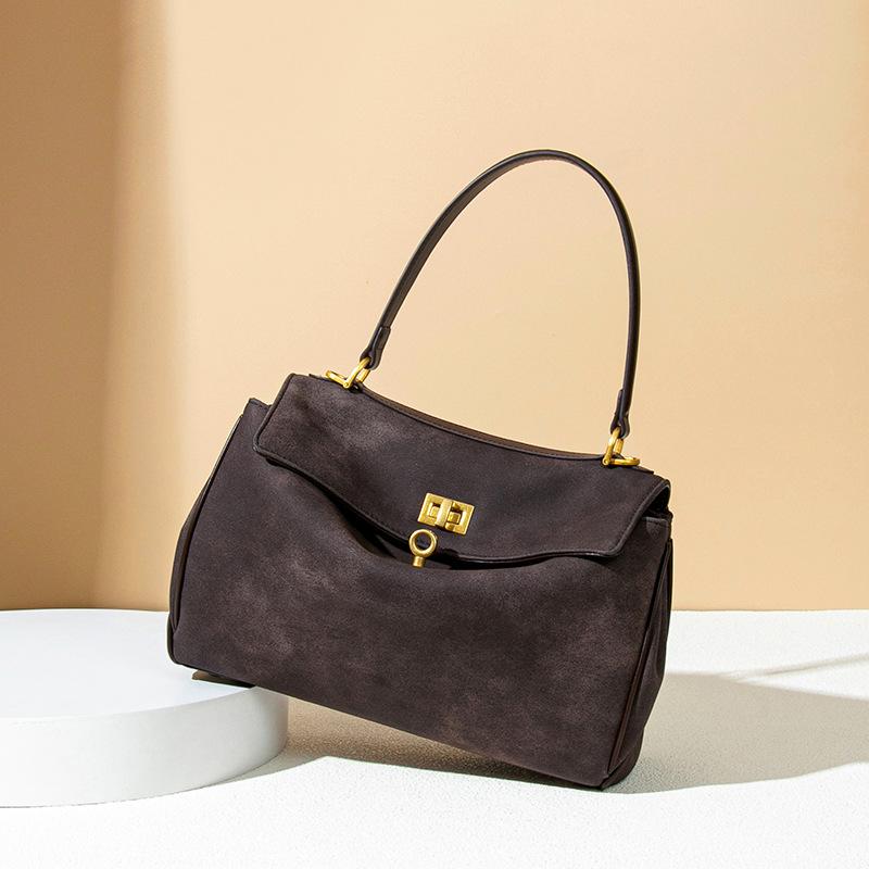Kelly Bag, High-end Frosted Suede Flap Handbag, Large Capacity Commuting Versatile Single Shoulder Crossbody Bag