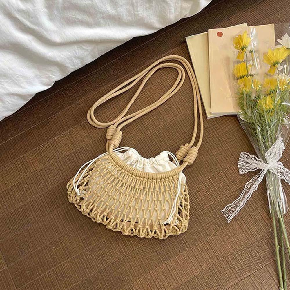 Net Pouch Yarn Woven Crossbody Bag Large Capacity Hollow Fishnet Bag Crochet Shoulder Pouch Female