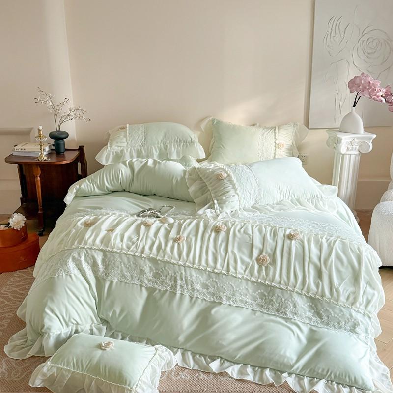 Korean Princess Style Cotton Bedding Set Lace Trim 3D Flower Duvet Cover Sheet Bedspread