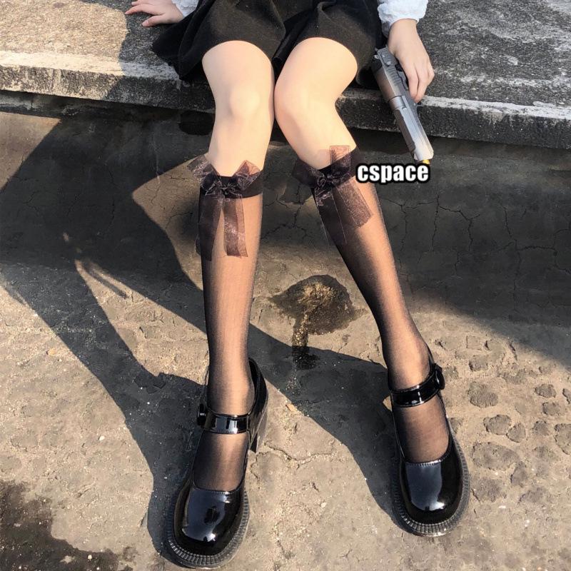White Knee-High Socks – College Style JK Black Stockings with Bow