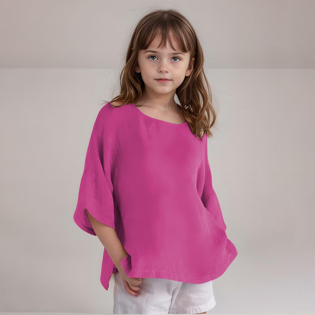 Kinder Baumwolle und Leinen Halbarm Rundhals T-Shirt Einfarbig Lässige Alltagsjacke