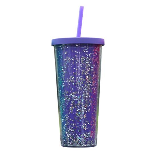 24OZ/710ml Water Cup with Straw Glitter Double Wall Wavy Edge Straight Tumbler Juice Iced Coffee Cup Daily Use