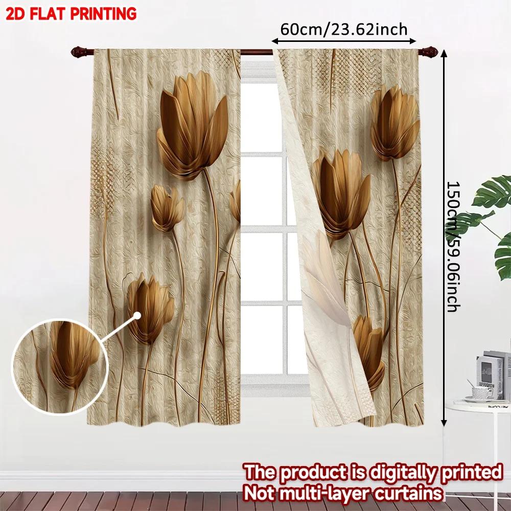Flower Curtains Flat Digital Printing Brown Embossed Blossom Design Light Background Bedroom Living Room Decor Set Of 2 Made Polyester Sitting