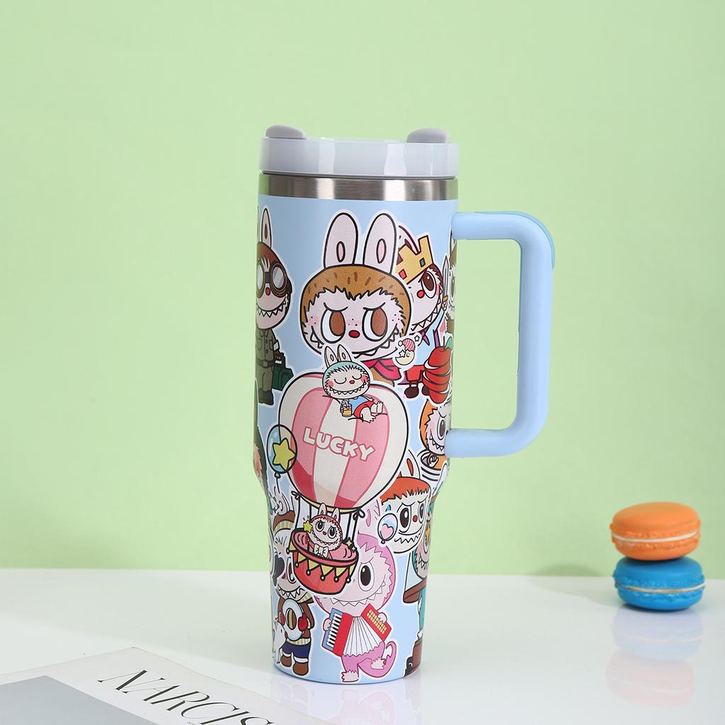 40Oz Handle Car Cup High Value Labubu Stainless Steel Thermos Cup Car Portable Straw Bingba Cup