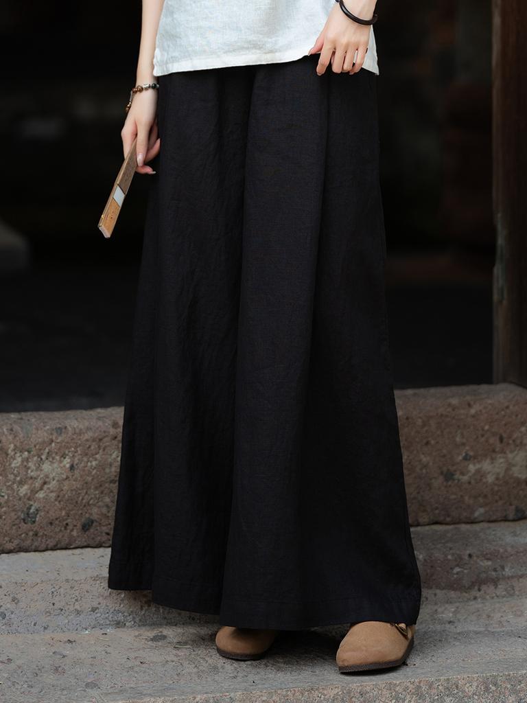 Johnature Vintage Women Wide Leg Pants Solid Color Autumn Trousers Elastic Waist Patchwork Button Pockets Pants
