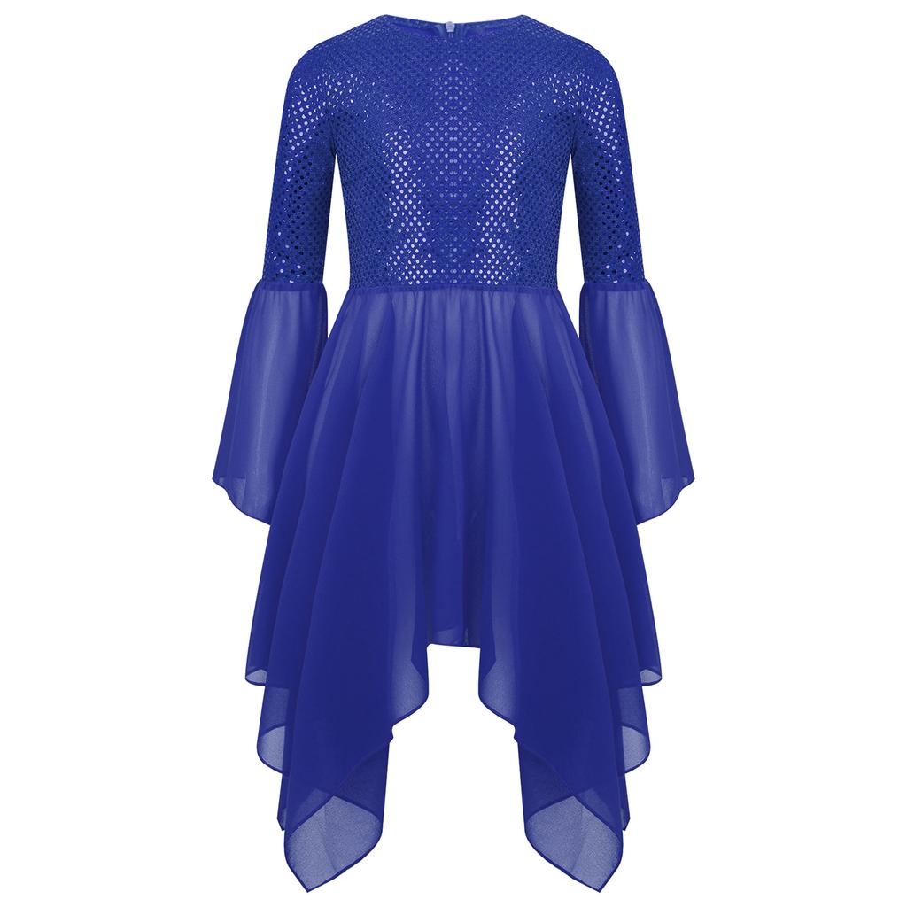 Girls Liturgical Dance Dress Shiny Sequins Patchwork Round Neck Flared Sleeve Asymmetrical Hem Performance Tunic