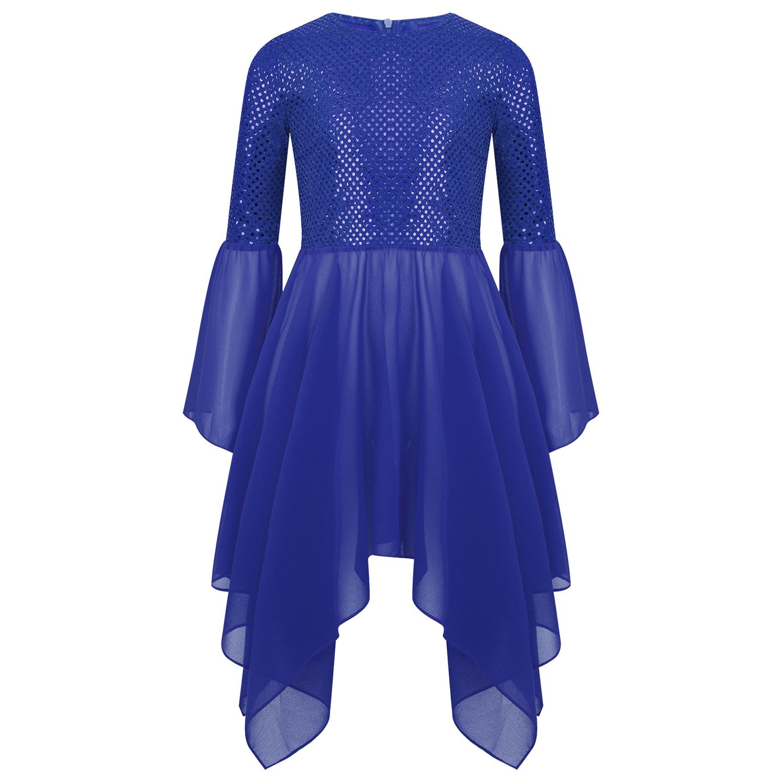 

Дівчаче літургійне танцювальне плаття Блискучі паєтки Печворк Круглий виріз Розкльошений рукав Асиметричний поділ Туніка для виступу 5-6 Years синій