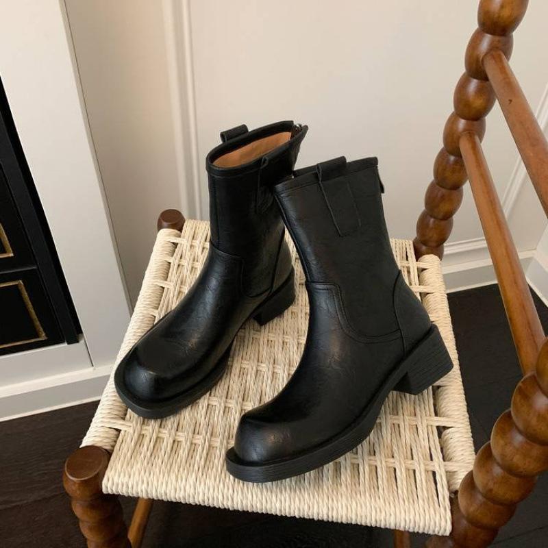 

Осень и зима универсальные кожаные большого размера женские сапоги однотонные на среднем каблуке с круглым носком новые сапоги-рыцари из коровьей кожи новые полусапоги женские 40 чёрный