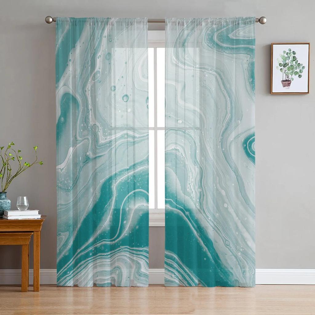 Luxury Tulle Curtains Teal Gradient Marble Pattern Living Room Kitchen Chiffon Curtain Youth Bedroom Sheer Floor Valance Curtain