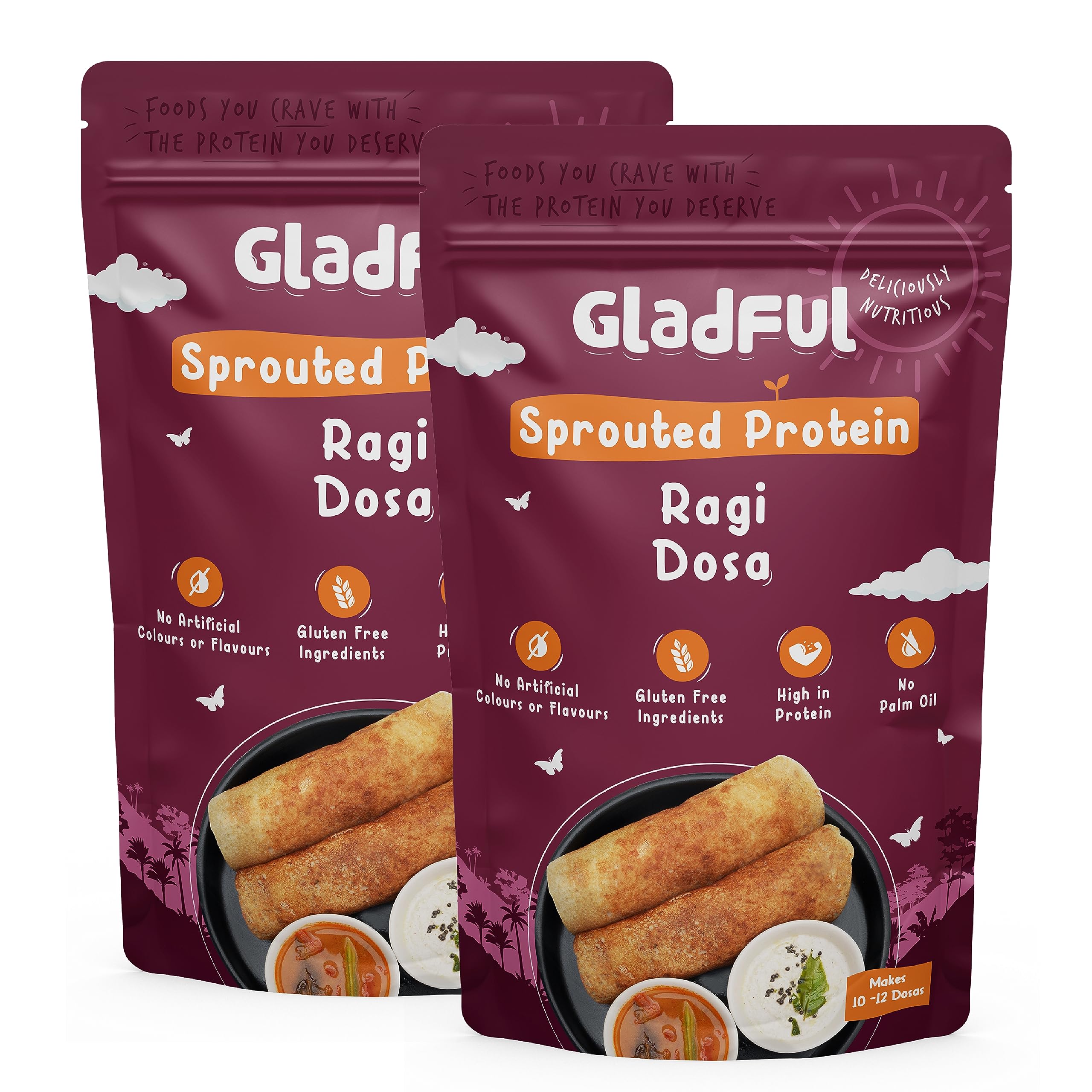 

Gladful Sprouted Millet Ragi Dosa Uttapam Mix - High Protein, Gluten Free, No Palm Oil, Source Of Fiber 400 gram (Pack Of 2)