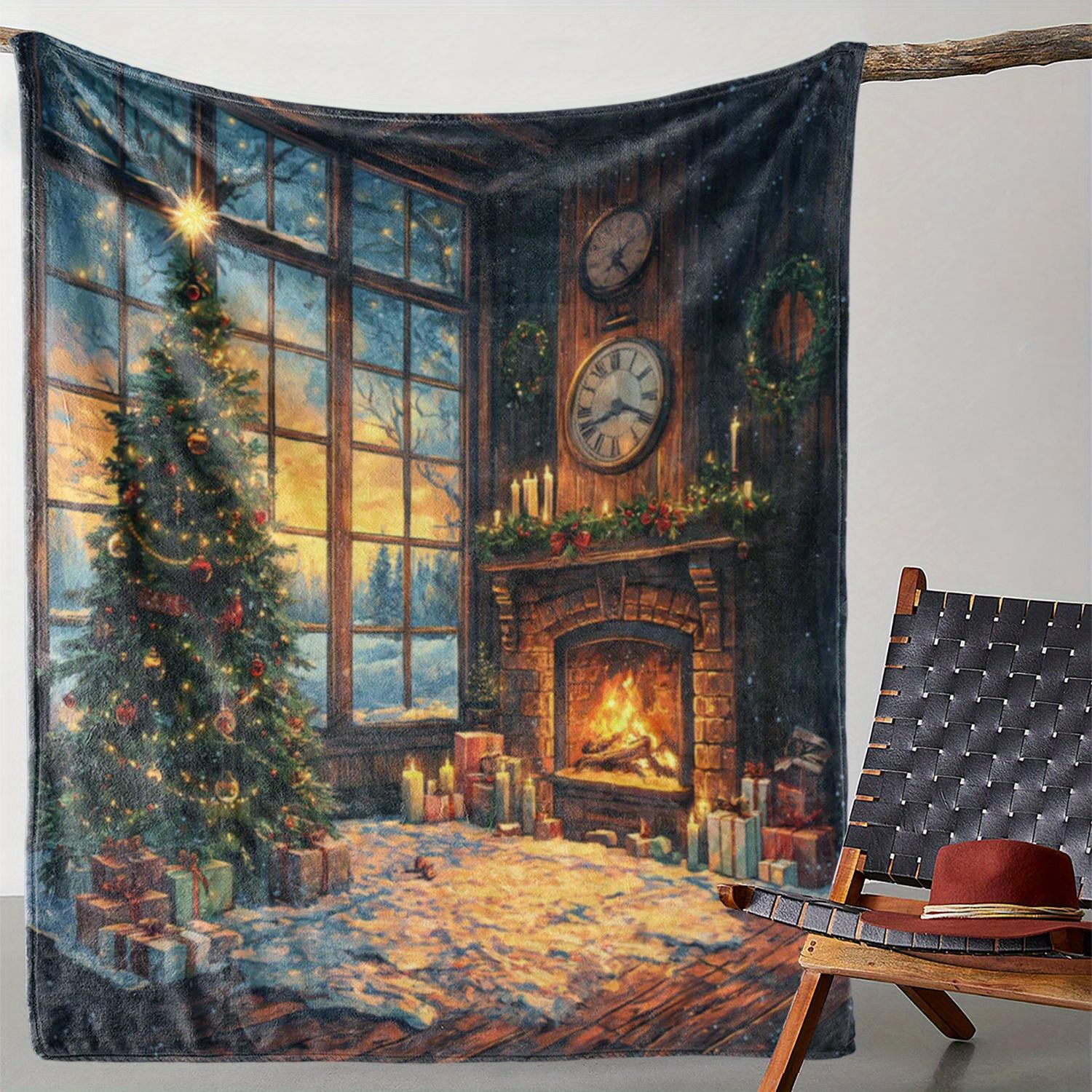 Open 1pc Fleece Blanket, Christmas Tree and Fireplace Print Christmas Blanket, Warm and Comfortable Soft Blanket, Suitable for 75X95CM