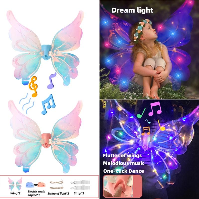 Jq Schmetterling Elektrischer Engel Rücken Ornament Kinderflügel mit Licht Geburtstagsgeschenk für Mädchen Nachtmarktstand