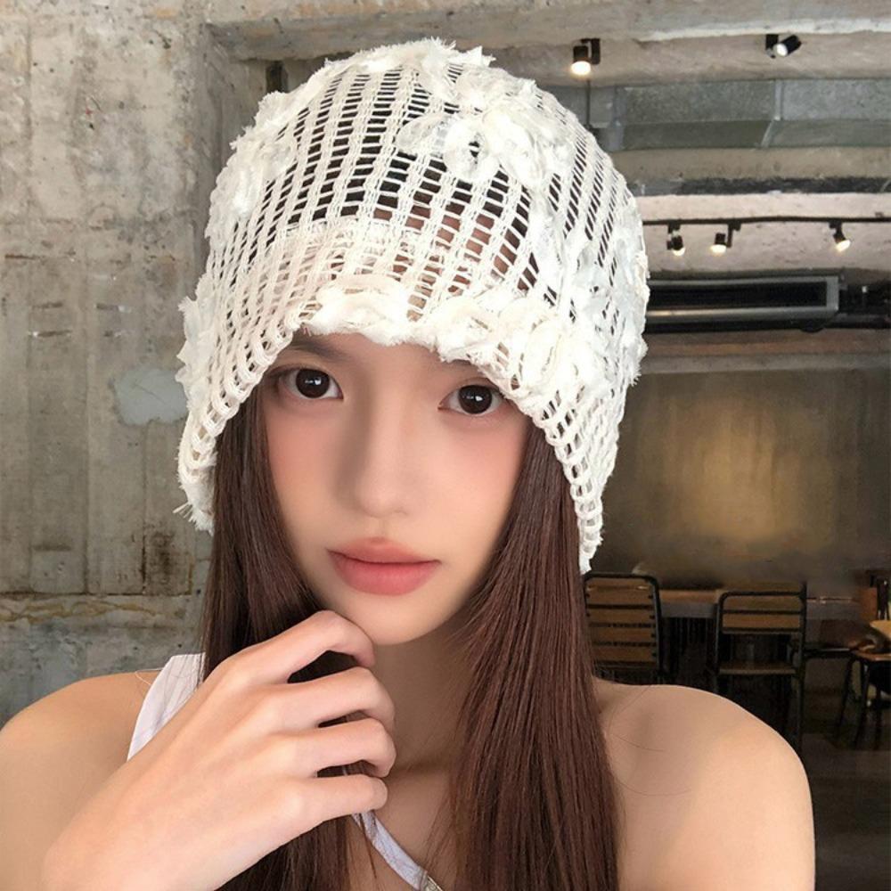 Cute Lace Beanies Hat Hollow Out Flower Knitted Hat Sweet Crochet Flower Hat  Apparel Accessories