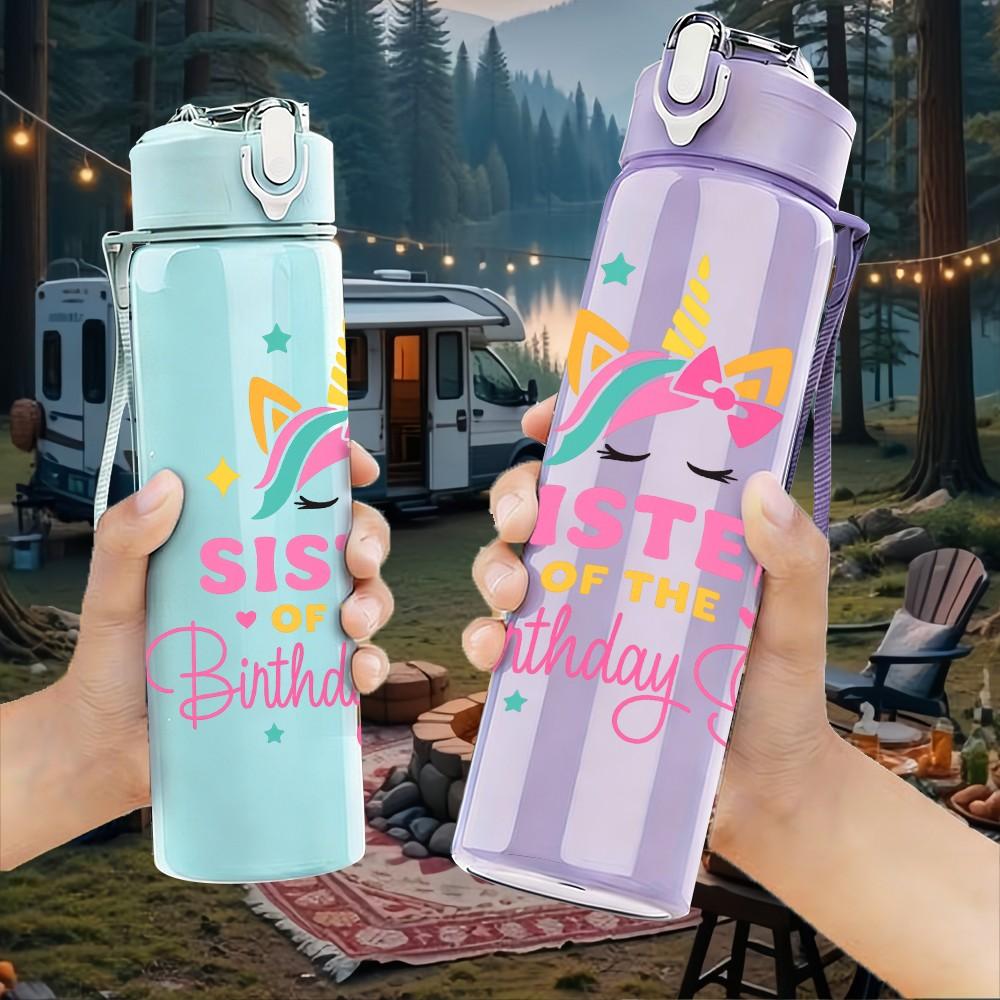 1PC Sister Of The Birthday Girl Unicorn 750ml Color Plastic Sports Water Bottle Leakproof Flip Straw Lid Suitable for Sports Office Home Use