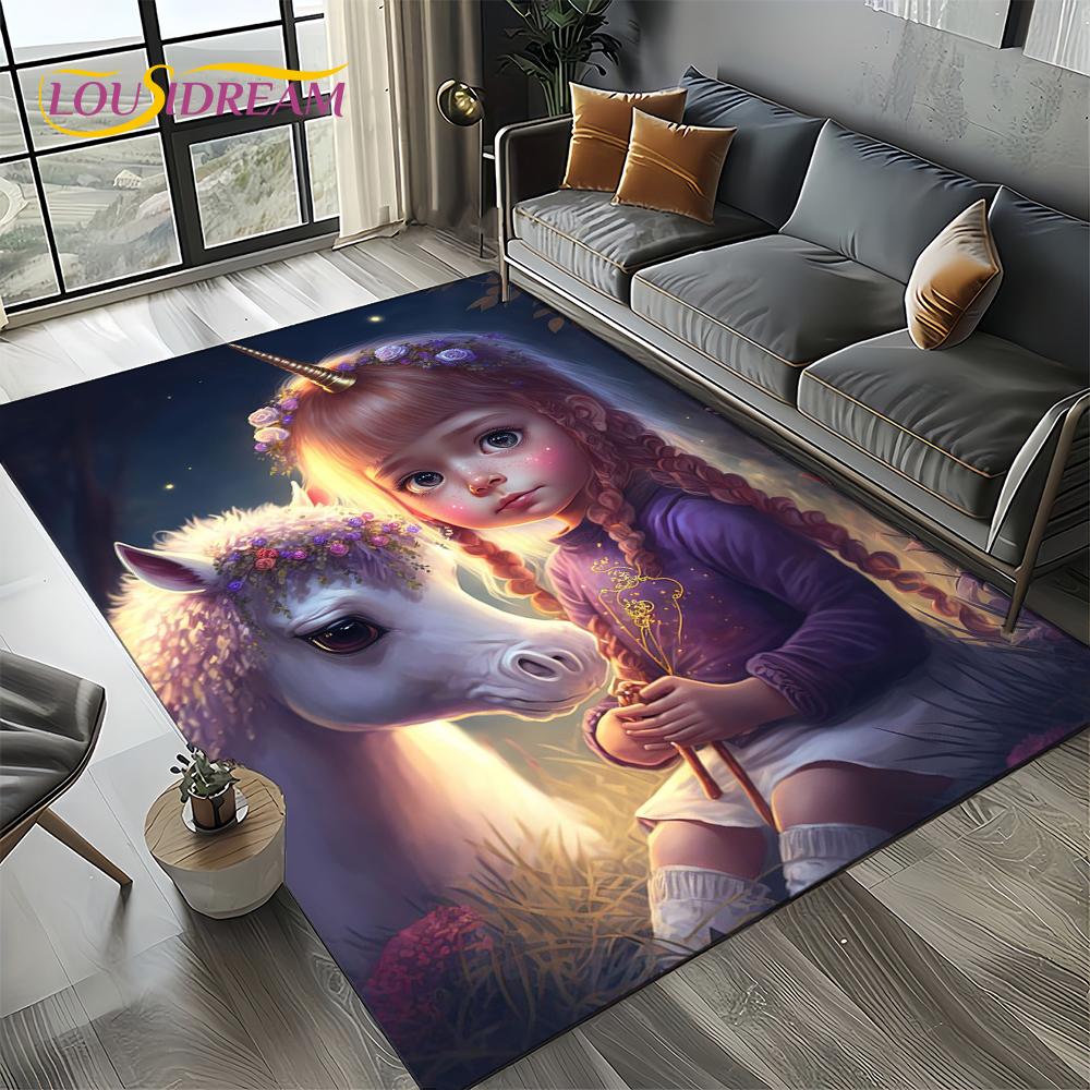 Unicorn Cartoon Cute 3D Dream Girl Carpet Rug for Living Room Bedroom Home Sofa Decoration,Kid Area Rug Non-slip Floor Mat Gift