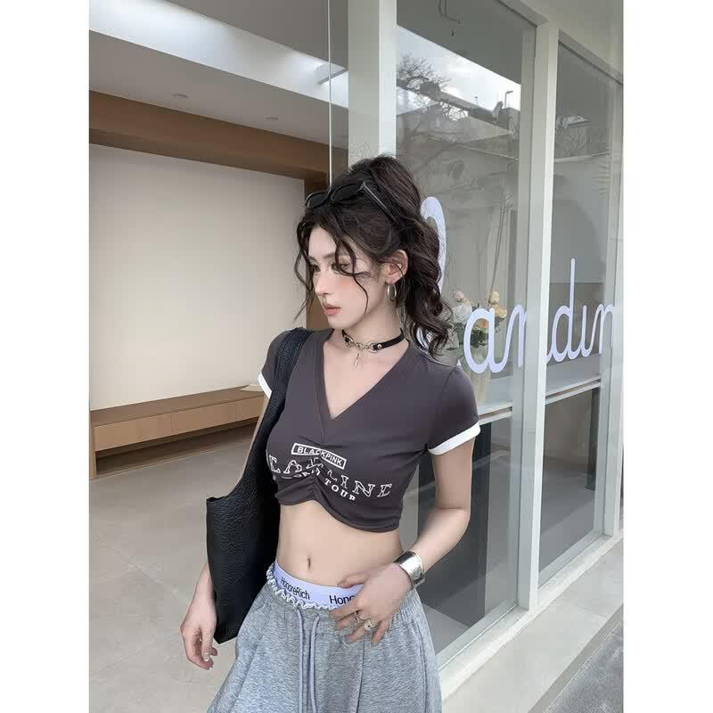 ZOSE Women s V-Neck Letter Print Crop T-Shirt One Size (90-120 jin)