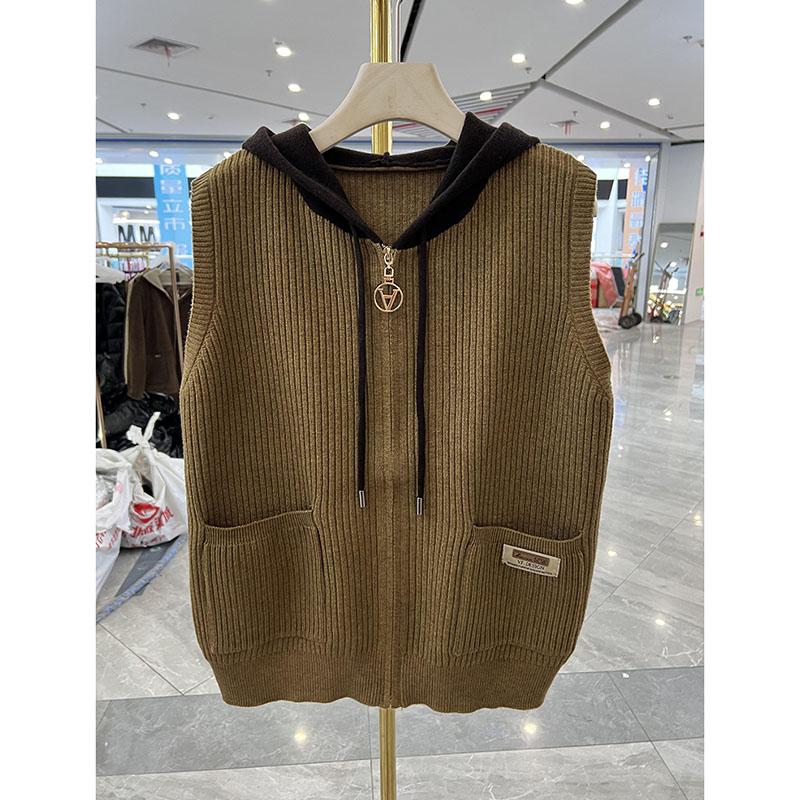 

Spring Autumn Hooded Vest Female Loose Knit Cardigan Wild Short Casual Sleeveless knitting Female Waistcoat 5XL верблюд