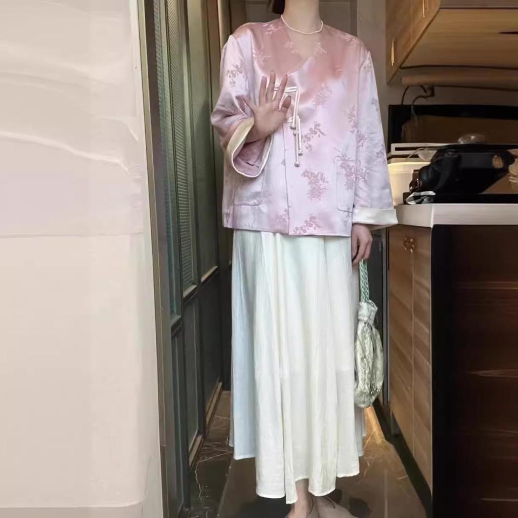 2024 Cool Zen-Style Women's Pink Hanfu Shirt Jacket for Early Autumn