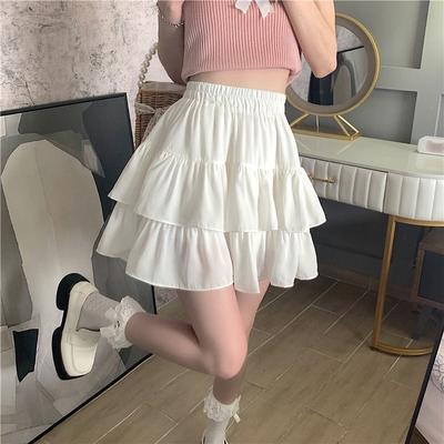 Pleated A-line Mini Skirt White Women Ruffles Sweet Hottie Preppy Style Elastic Waist Slim Thin Casual Summer Skirts