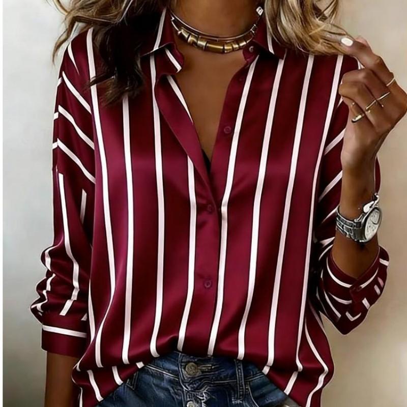 Ladies Silky Satin Contemporary Geometric Line Pattern Printed Shirt Long Sleeve Lapel Collar Button Down Elegant Casual Blouse