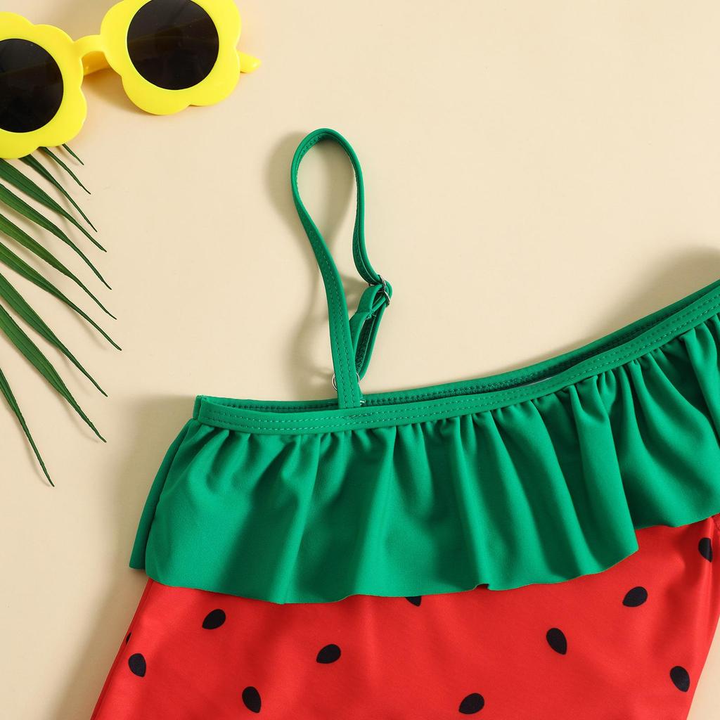 Kid Sleeveless Ruffle Strapless Cartoon Strawberry Print One Piece Swimsuit Bikini Swimwear 1 Piece Cartoon Sleeveless Swim Suit