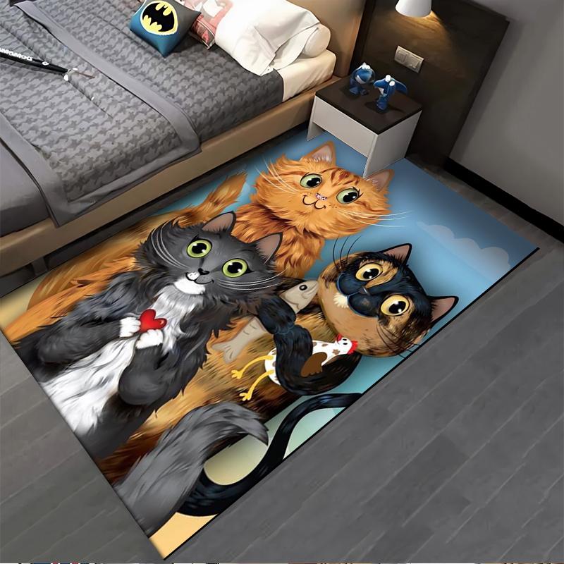 Cute Cartoon Cats Holding Fish and Hearts Carpet in Living Room Decor Suitable for use as an anti-slip for living room bedroom sofas