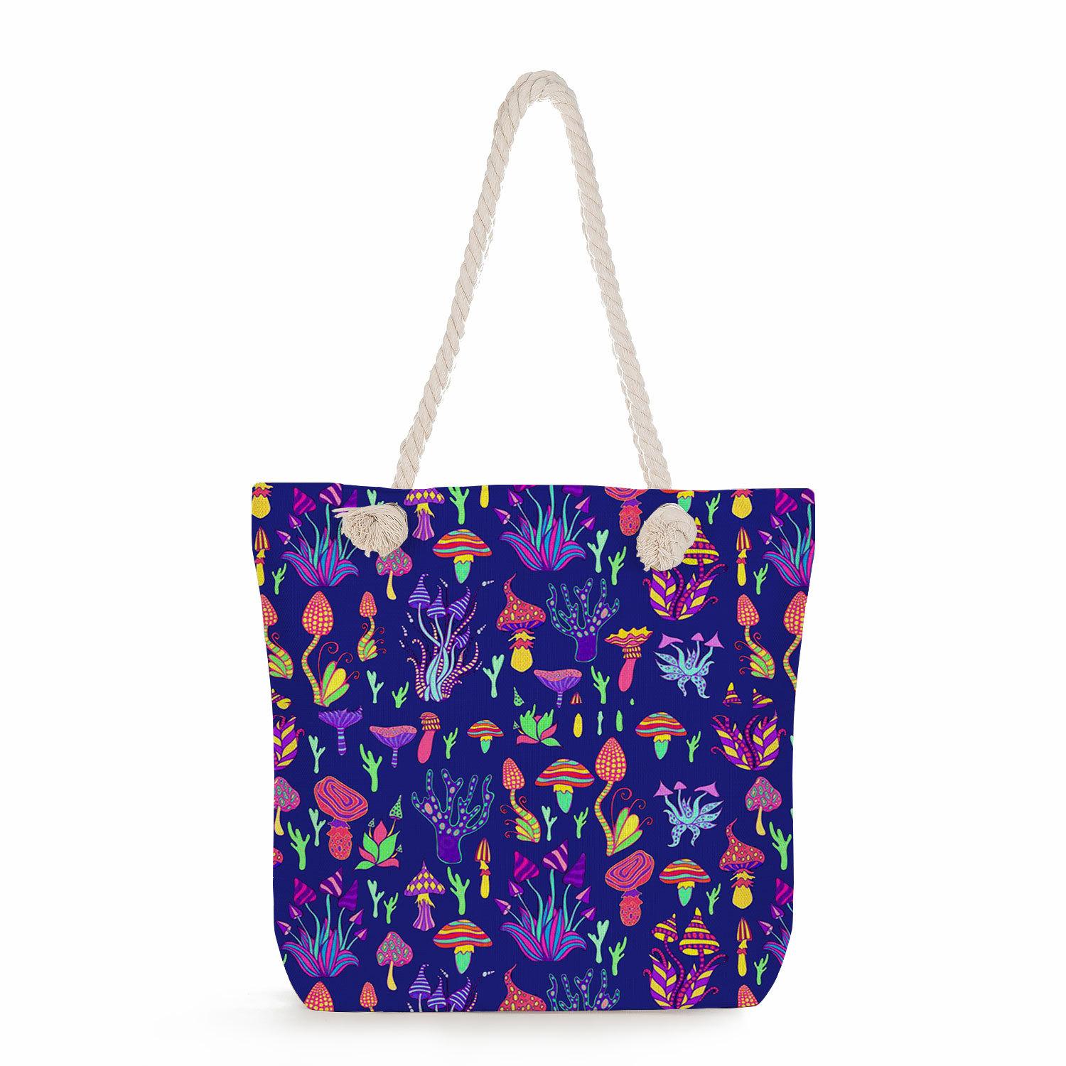 Mushroom print thick rope single-shoulder beach bag 7257