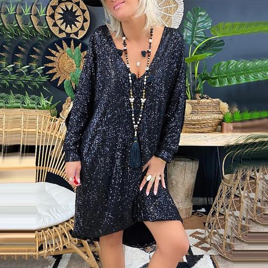 V-Neck Long Sleeve High-low Hem Autumn Dress Shiny Sequins Plus Size Casual Dress