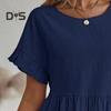 Summer Mini Dress Ruffled Short Sleeves O Neck Pleated A-line Dress Pure Color Loose Hem Dress for Dating Shopping Travel