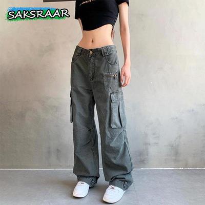 Calça cargo jeans de alta rua Y2K feminina cinza bolso grande calças retas femininas cintura alta vintage casual senhora calças largas