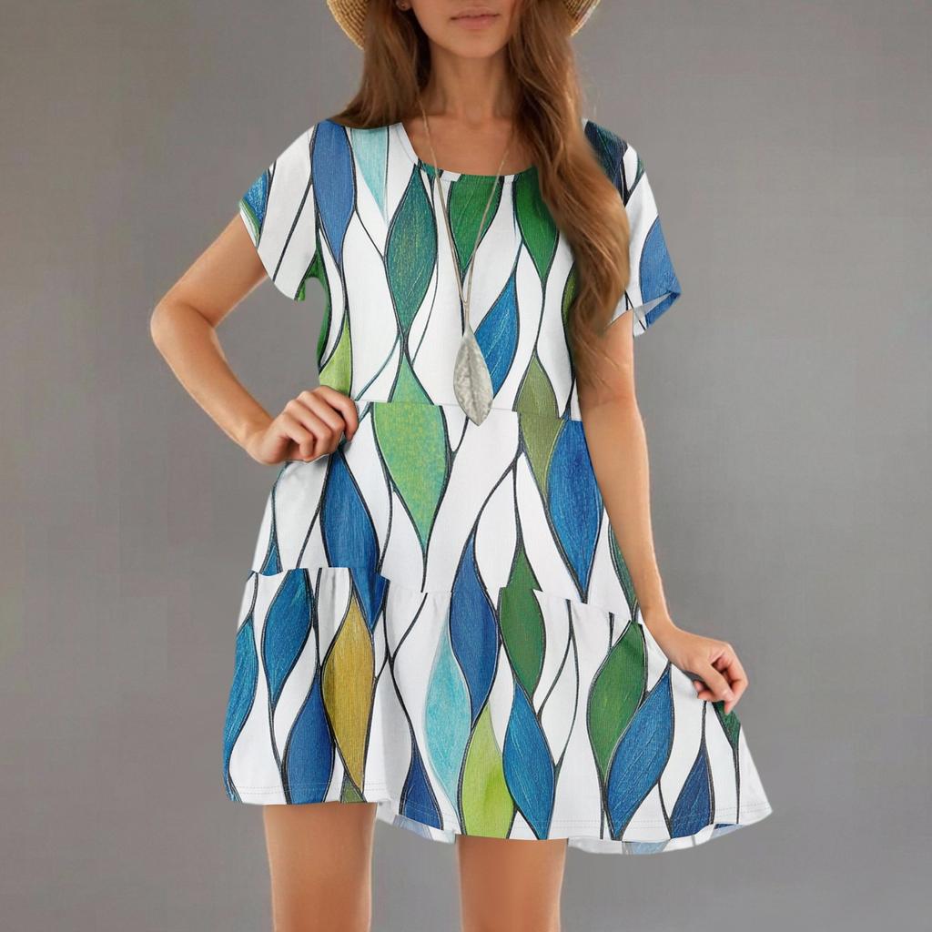 Women's Fashion Casual Round Neck Short Sleeve Ruffle Gradient Printed Dresses