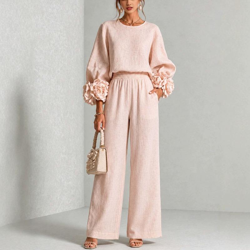 Women's new solid color round neck long-sleeved floral wide-leg pants loose casual suit two-piece set