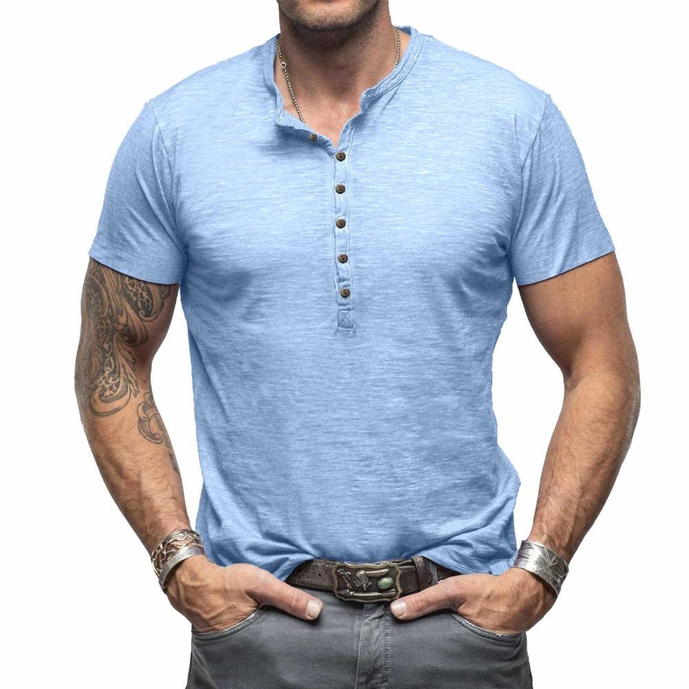Summer Men’s Casual Tops: Classic Men’s Henley-style Short-sleeved T-shirt with A Stand-up Collar