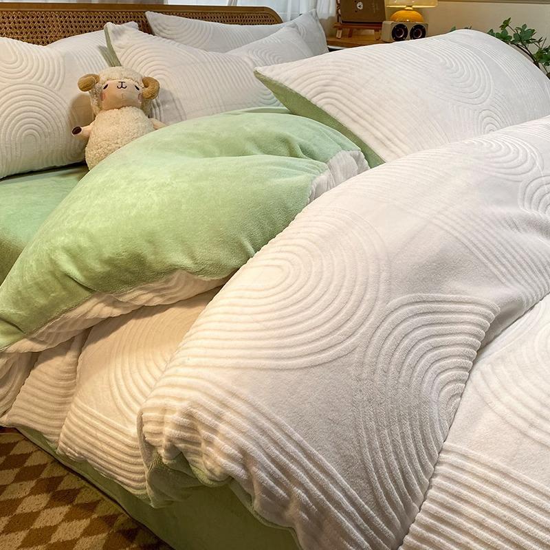 Double-Sided Thickened Milk Coral Fleece Bed Four-Piece Set Fleece Quilt Cover Coral Flannel Bed Sheet Bedding