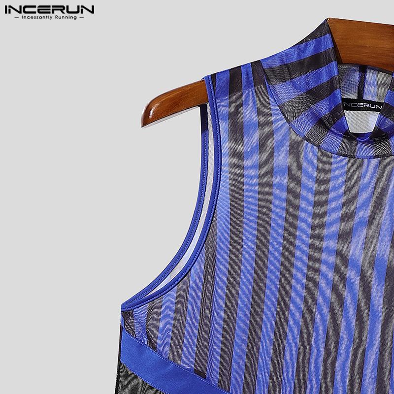INCERUN 2PCS Men Sleeveless Striped Mesh Sheer Tank Tops Elastic Waist Layers Pants Sets