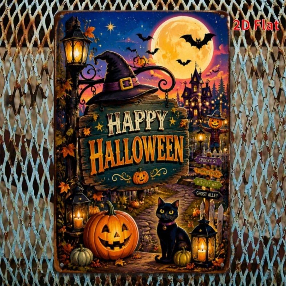 1pc Halloween Tin Sign, Black Cat Pumpkin Witch Hat Metal Wall Decor for Yard Front Door, Spooky Home Plaque