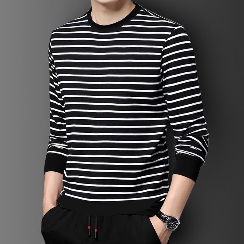 

Men s Striped Round Neck Pullover Cotton Sweatshirt - Long Sleeve, Casual, Plus Size (Spring/Autumn) L 50-60 kg