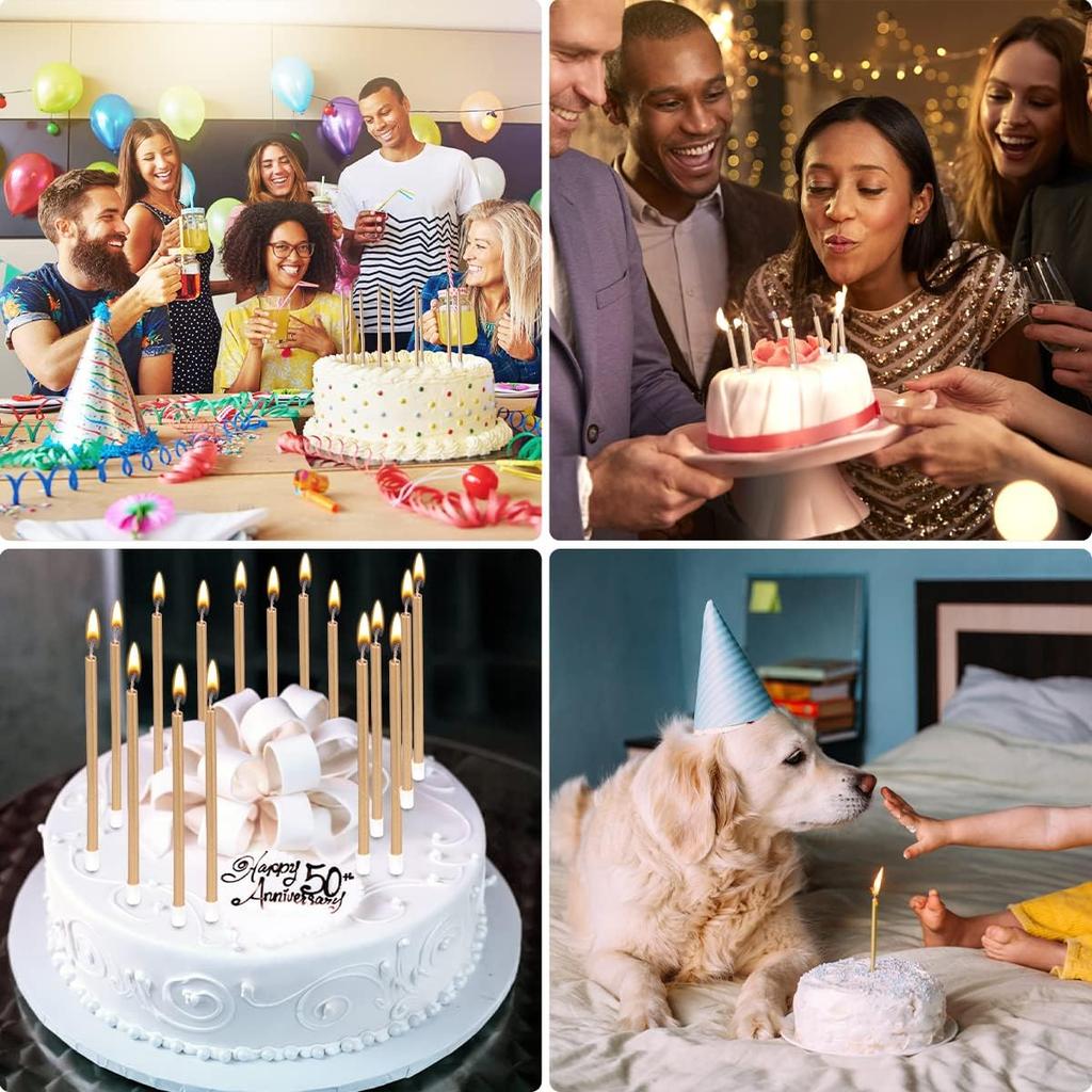 30pcs Count Party Long Thin Cake Candles Metallic Birthday Candles in Holders for Birthday Cakes Cupcake, Champagne Gold