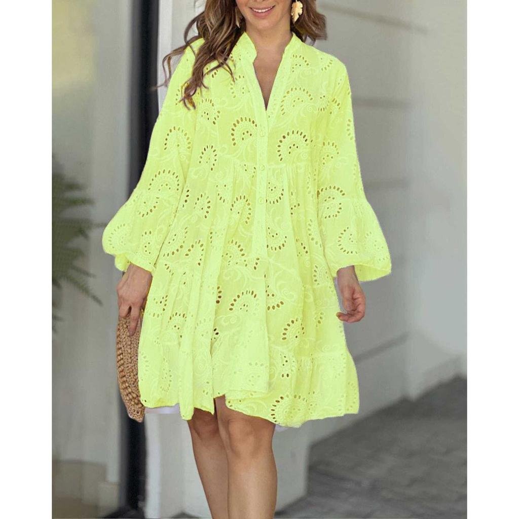 Spring Autumn Solid Color V-neck Loose Embroidered Hollow Out Lace Dress for Women European American Crossbody Casual Dress