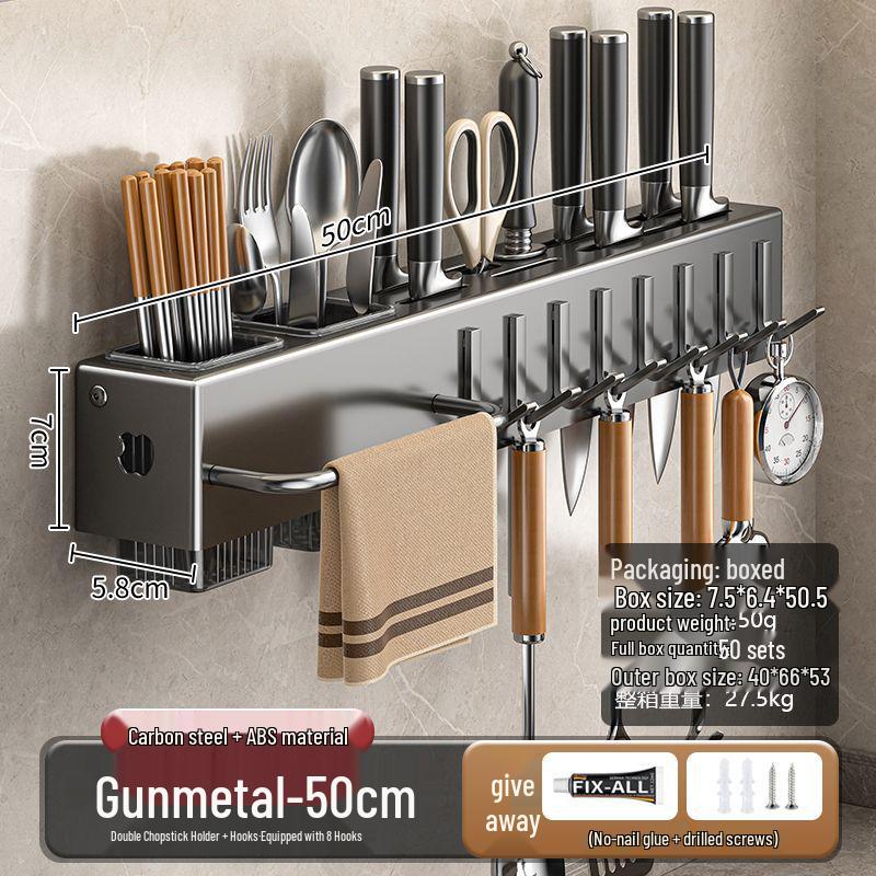 Suport de perete fără găuri pentru cuțite și ustensile cu suport pentru bețișoare