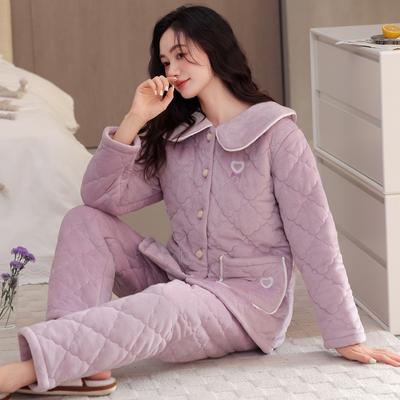 Pajamas Women'S Winter Three-Layer Fleece Thickened Coral Fleece Large Size Warm Clip Padded Jacket Homewear Winter Padded Jacket Set