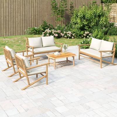 Vidaxl 5-Cz. Garden Furniture Set, Cream Cushions, Bamboo