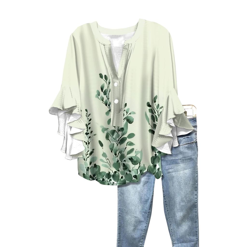 Sommar Damtoppar V-ringad Sjuärmad Skjorta Vår Sommar Blommönstrade Toppar Casual Skjorta