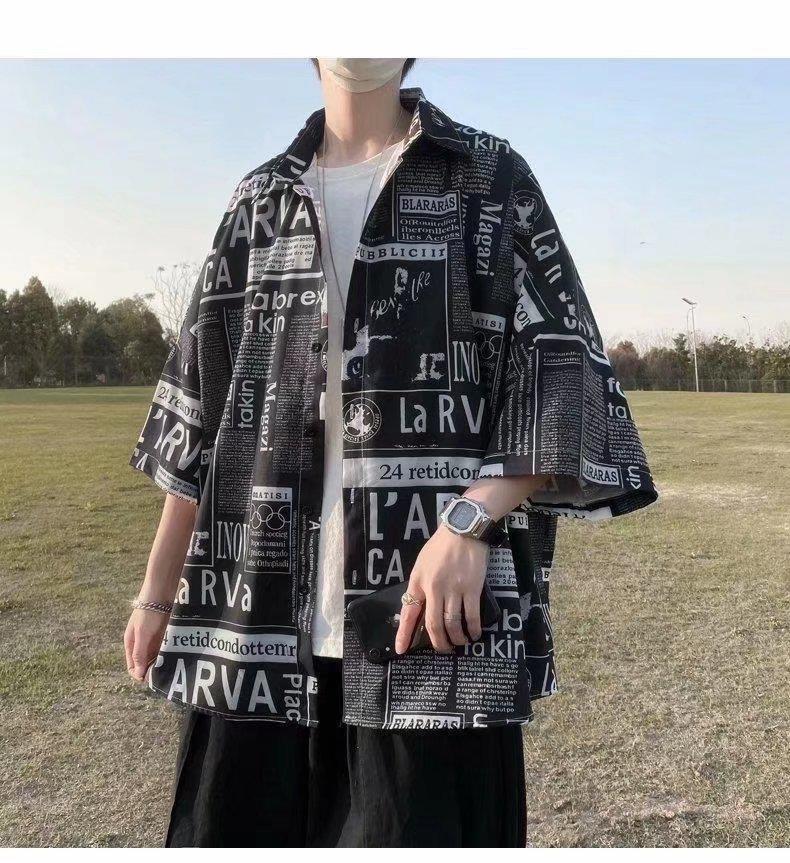 

Мужская футболка с коротким рукавом с цветочным принтом в виде газеты, корейский уличный стиль 3XL чёрный