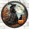 Vintage Halloween Witch Black Cat Pumpkin Metal Tin Sign Retro D Effect Gothic Witch with Full Moon Bat Round Wall Art Decor