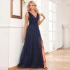 2024 Sparkling Chiffon Sleeve Double V-Neck A-Line Bridesmaid Dress with Side Slit