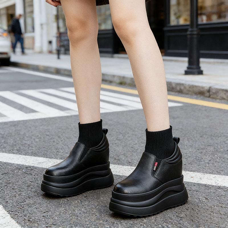 Super High Height Increasing Shoes 13cm Genuine Leather Women Flat Platform Black White Shoes Brand Ladies Casual Shoes Small Size 33