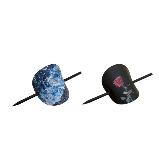 Chinese Style Hair Stick Rose Flower Printing Faux Leather Decor Hair Chopsticks DIY Hairstyle Accessory