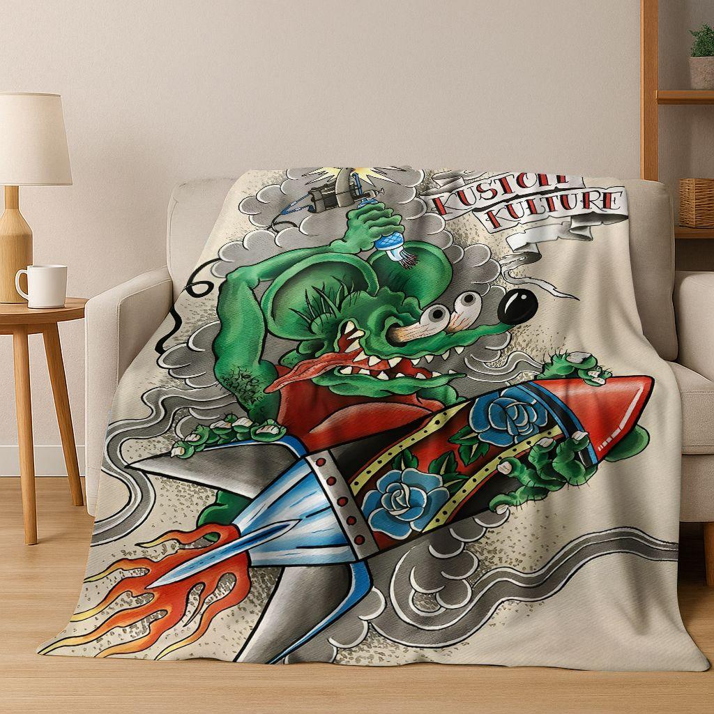 3D Buntowniczy RAT FINK Samochody Znak Kreskówkowy Koc Flanelowy, Ciepły i Przytulny Miękki Koc Rzutowy do Domu Sypialni Łóżka Sofy Pokrycie Piknikowe